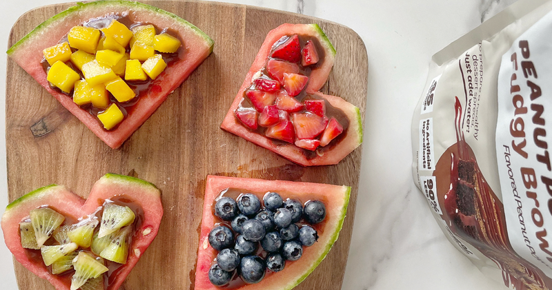 Rainbow Watermelon Pizza with Fudgy Brownie Flavored Peanut Butter Powder 